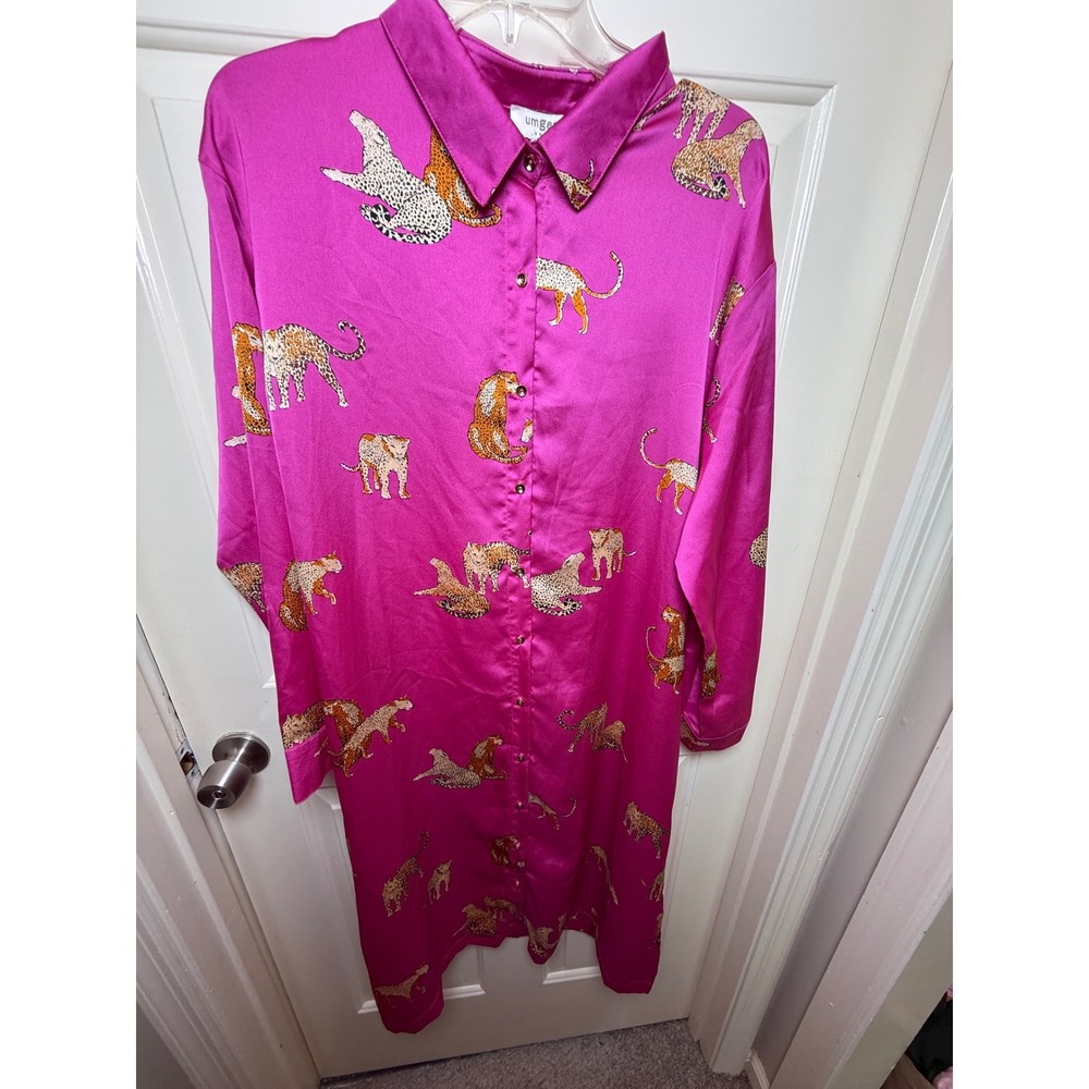 Umgee Magenta Pink Leopard Cheetah Print Satin Button Down Shirt Dress